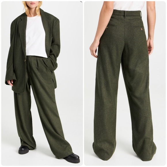 Denimist Pants - Denimist Womens Dark Olive Wool Blend Double Pleat Wide Leg Trouser Pants 30